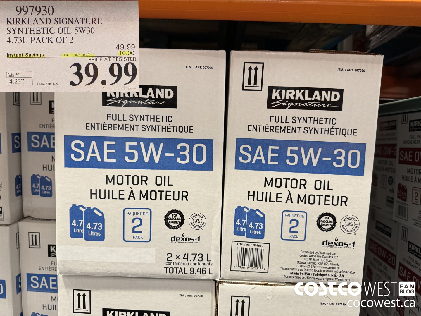 997930 KIRKLAND SIGNATURE SYNTHETIC OIL 5W30 4.73L PACK OF 2 ($10.00 INSTANT SAVINGS EXPIRES ON 2023-10-29) $39.99