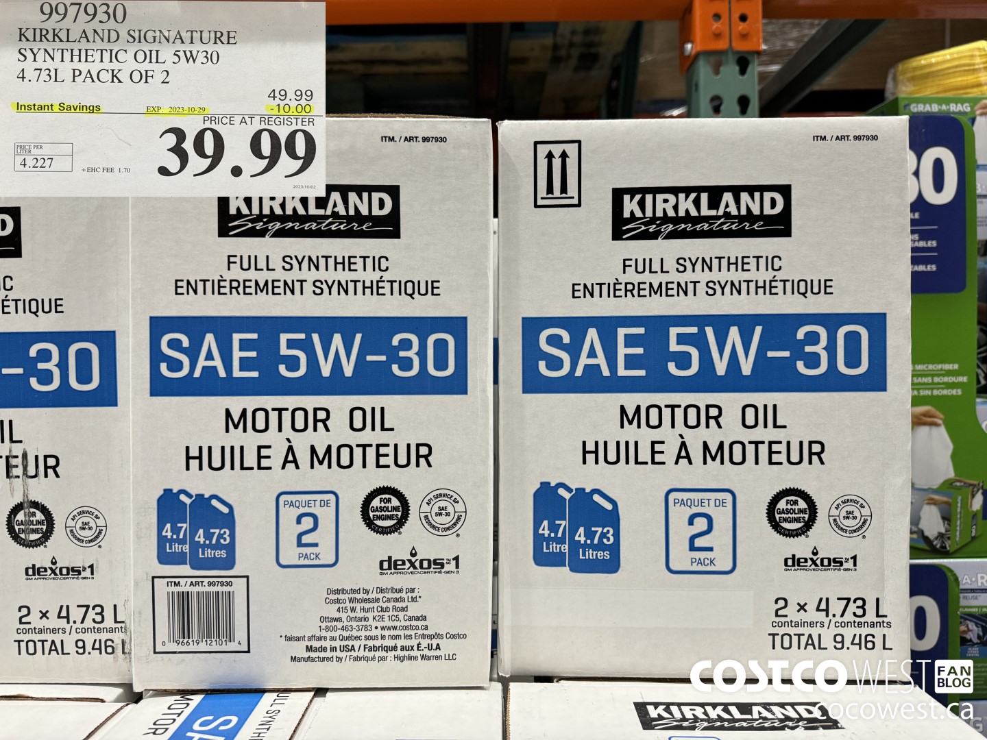 997930 KIRKLAND SIGNATURE SYNTHETIC OIL 5W30 4.73L PACK OF 2 ($10.00 INSTANT SAVINGS EXPIRES ON 2023-10-29) $39.99