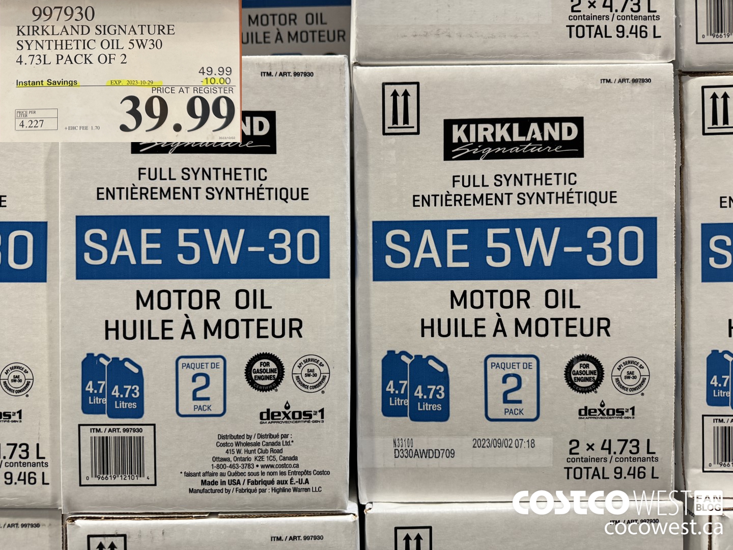 997930 KIRKLAND SIGNATURE SYNTHETIC OIL 5W30 4.73L PACK OF 2 ($10.00 INSTANT SAVINGS EXPIRES ON 2023-10-29) $39.99