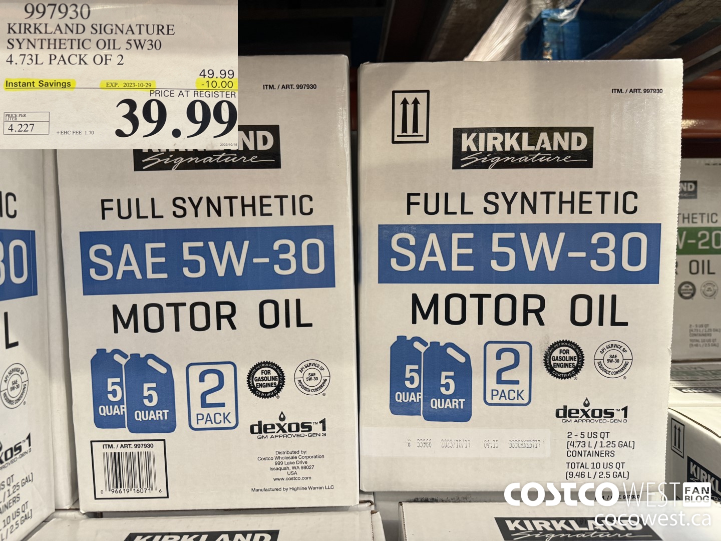 997930 KIRKLAND SIGNATURE SYNTHETIC OIL 5W30 4.73L PACK OF 2 ($10.00 INSTANT SAVINGS EXPIRES ON 2023-10-29) $39.99