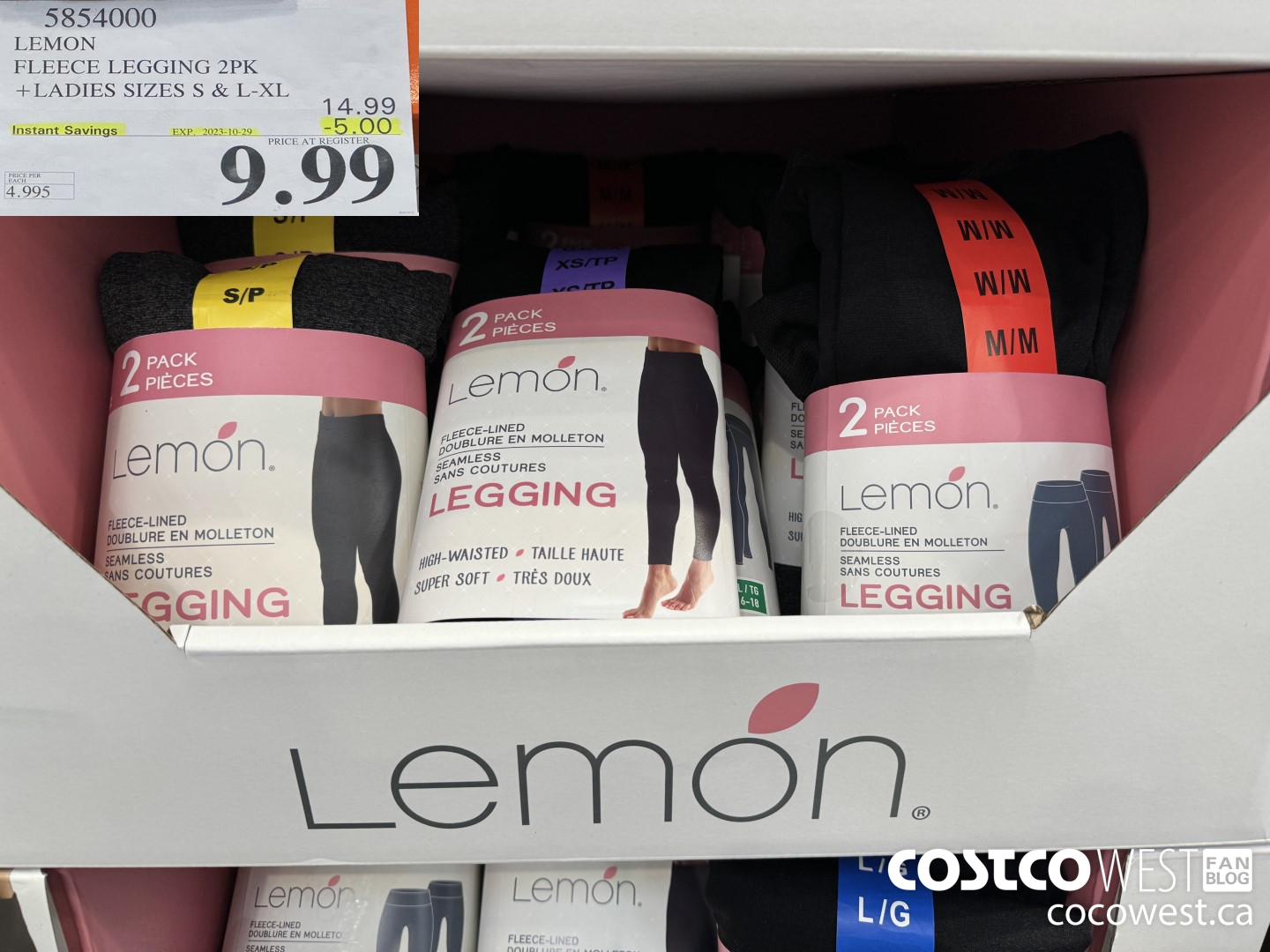 5854000 LEMON FLEECE LEGGING 2PK LADIES SIZES S & L-XL ($5.00 INSTANT SAVINGS EXPIRES ON 2023-10-29) $9.99