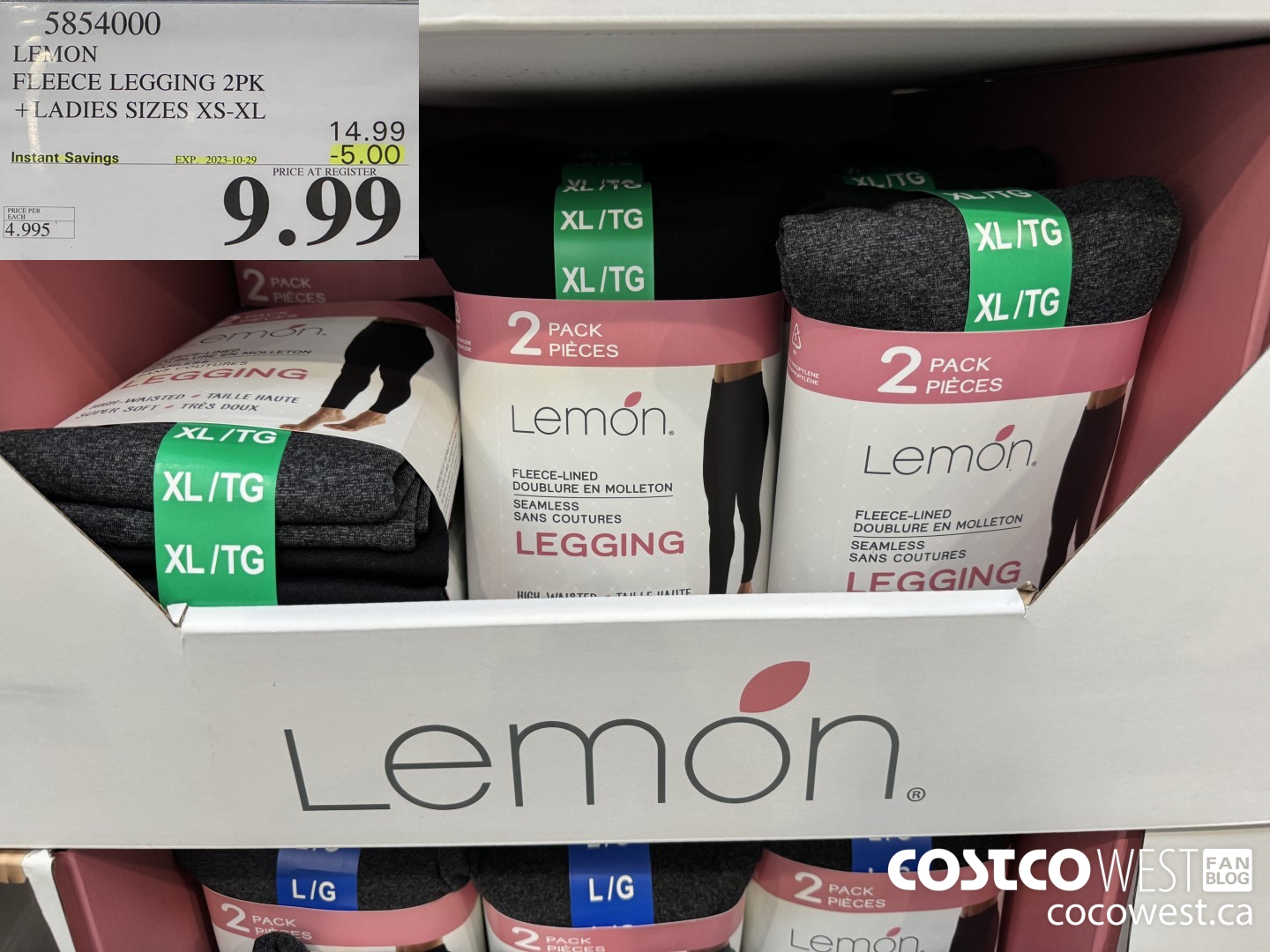 5854000 LEMON FLEECE LEGGING 2PK LADIES SIZES XS-XL ($5.00 INSTANT SAVINGS EXPIRES ON 2023-10-29) $9.99