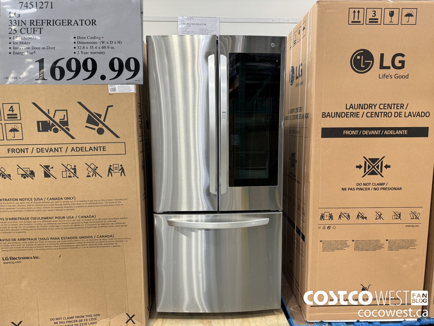 7451271 LG 33 IN. REFRIGERATOR 25 CU. FT. $1699.99