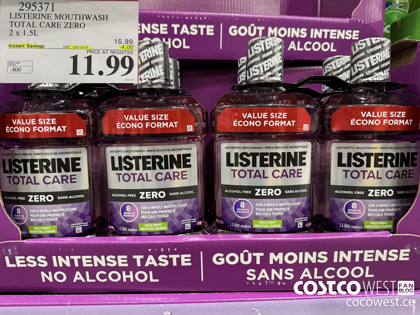 295371 LISTERINE MOUTHWASH TOTAL CARE ZERO 2 X 1.5L ($4.00 INSTANT SAVINGS EXPIRES ON 2023-10-29) $11.99