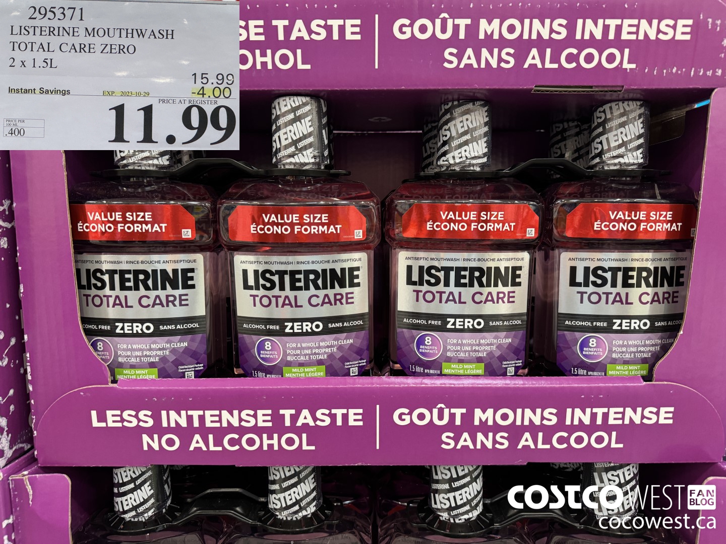 295371 LISTERINE MOUTHWASH TOTAL CARE ZERO 2 X 1.5L ($4.00 INSTANT SAVINGS EXPIRES ON 2023-10-29) $11.99