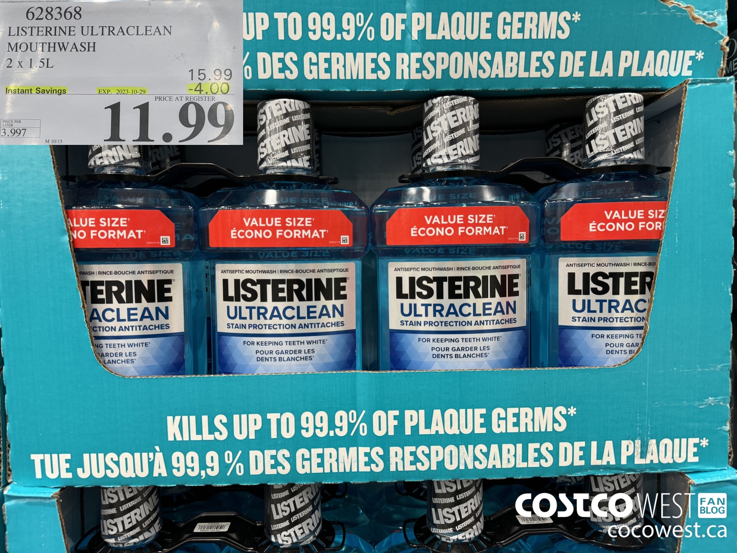 628368 LISTERINE ULTRACLEAN MOUTHWASH 2 X 1.5L ($4.00 INSTANT SAVINGS EXPIRES ON 2023-10-29) $11.99