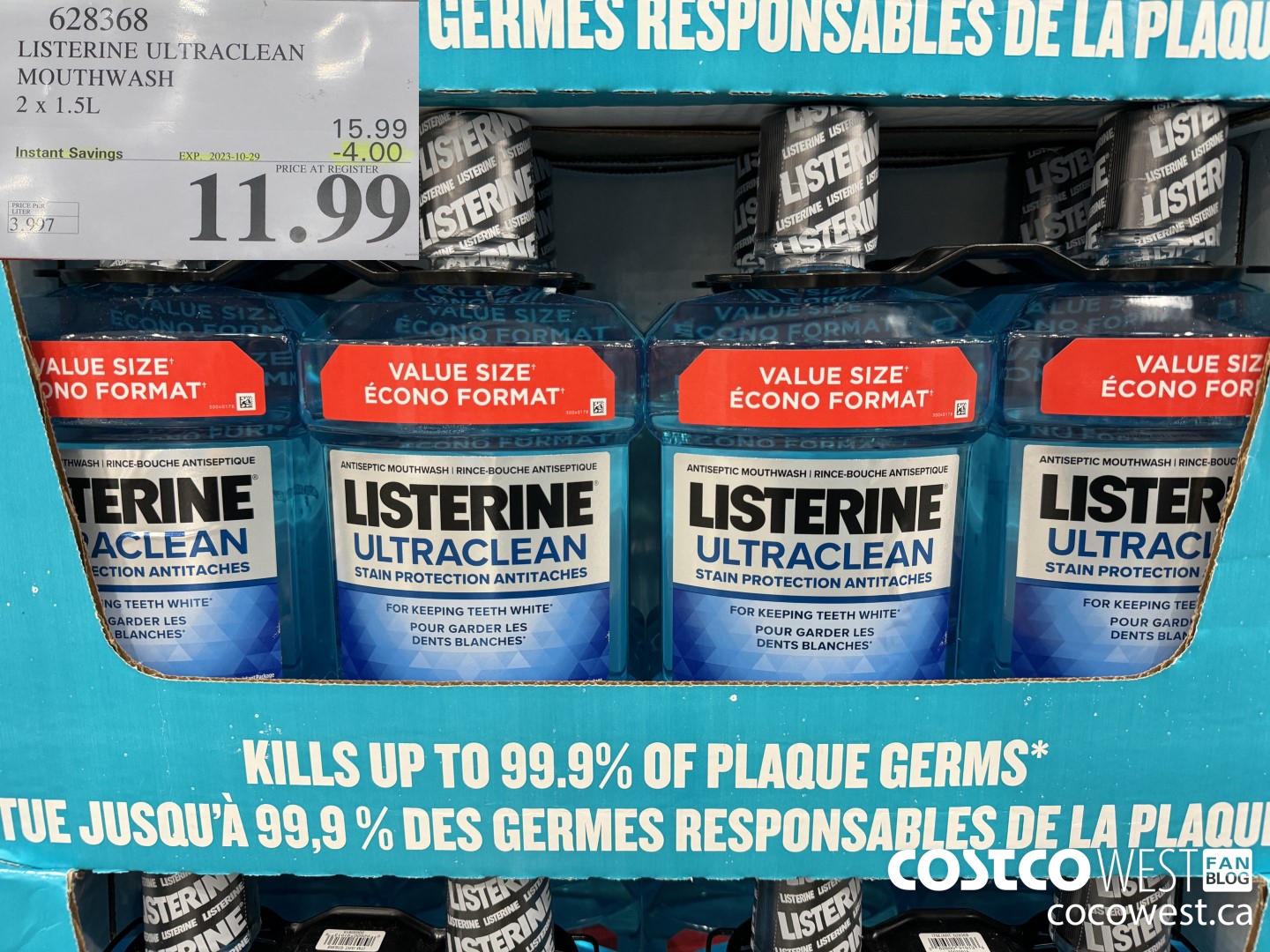628368 LISTERINE ULTRACLEAN MOUTHWASH 2 X 1.5L ($4.00 INSTANT SAVINGS EXPIRES ON 2023-10-29) $11.99