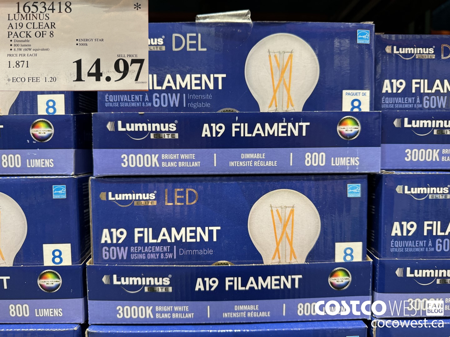 1653418 LUMINUS A19 CLEAR PACK OF 8 $14.97