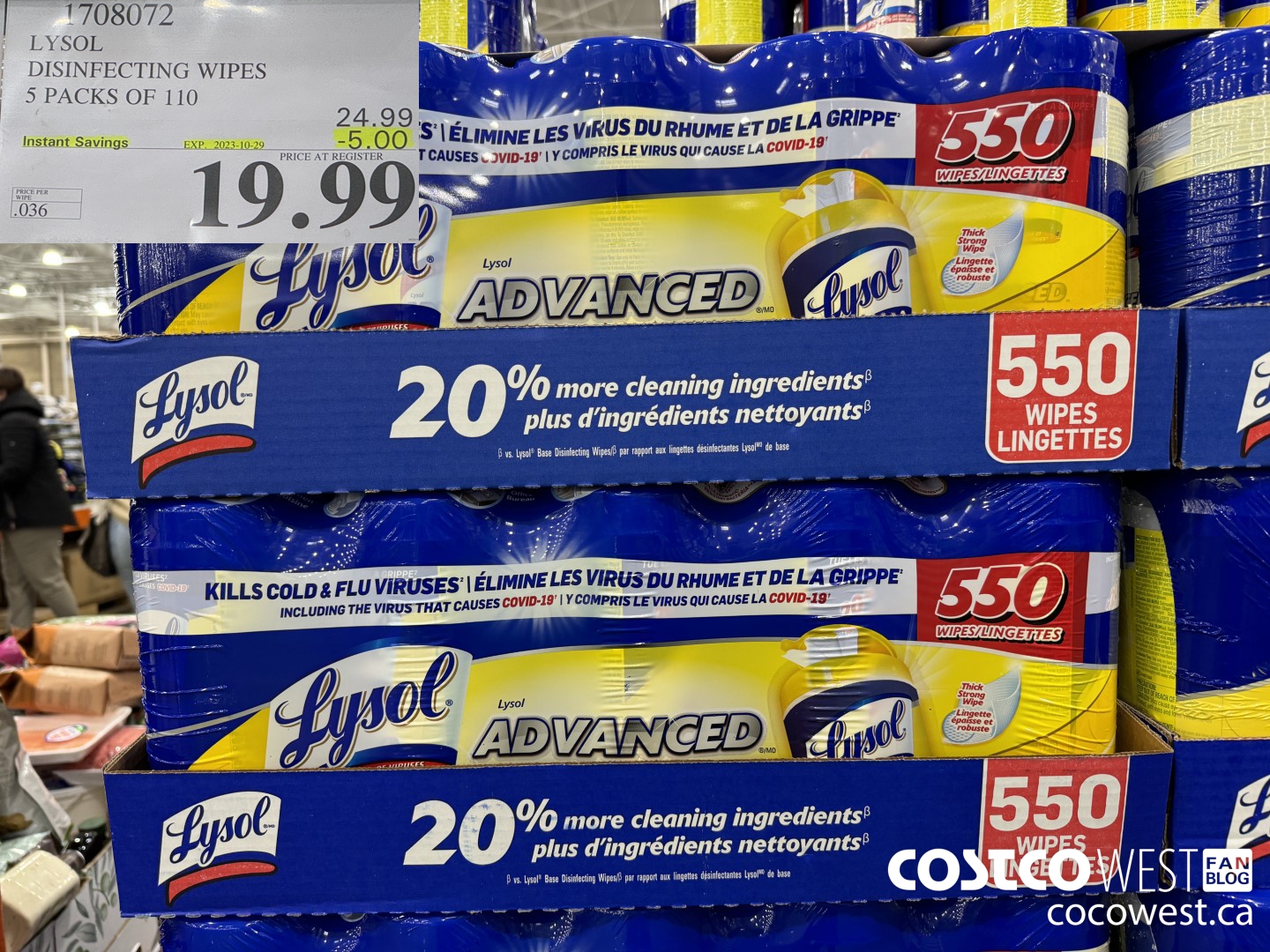 1708072 LYSOL DISINFECTING WIPES 5 X 110 WIPES ($5.00 INSTANT SAVINGS EXPIRES ON 2023-10-29) $19.99
