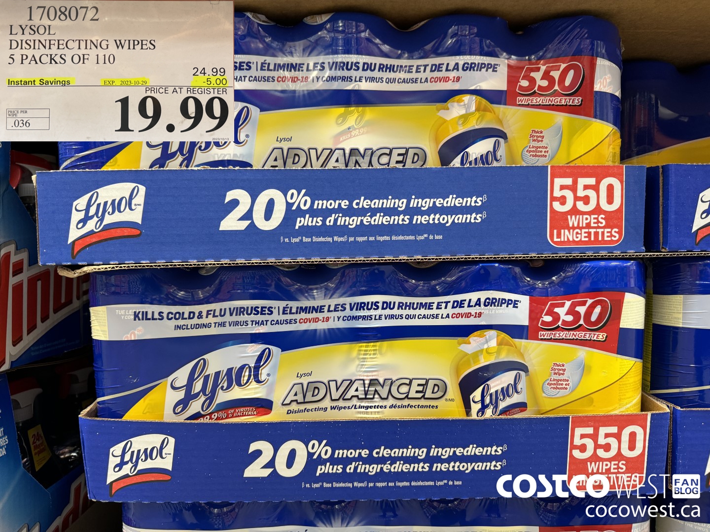 1708072 LYSOL DISINFECTING WIPES 5 X 110 WIPES ($5.00 INSTANT SAVINGS EXPIRES ON 2023-10-29) $19.99