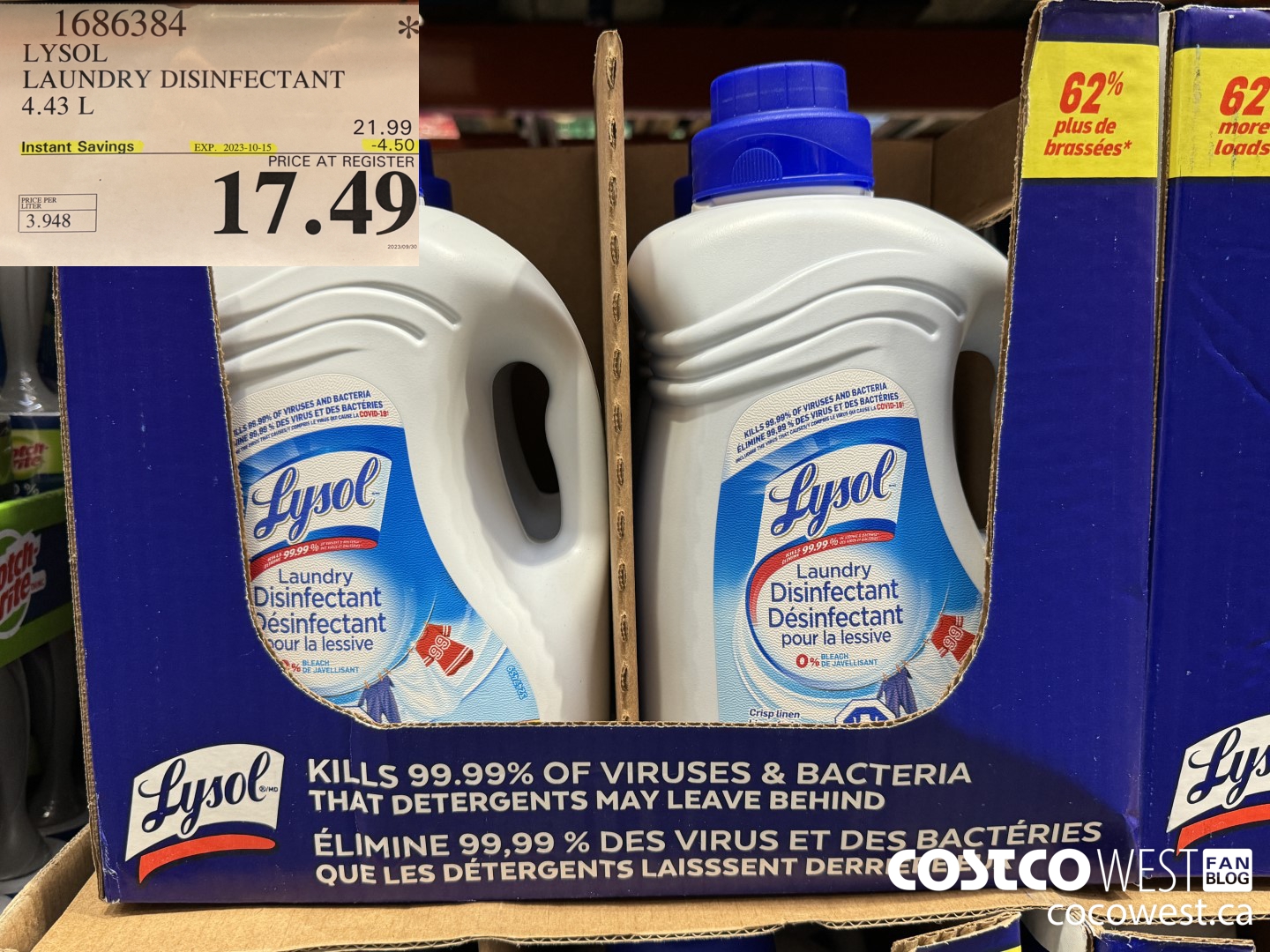 1686384 LYSOL LAUNDRY DISINFECTANT 4.43 L ($4.50 INSTANT SAVINGS EXPIRES ON 2023-10-15) $17.49