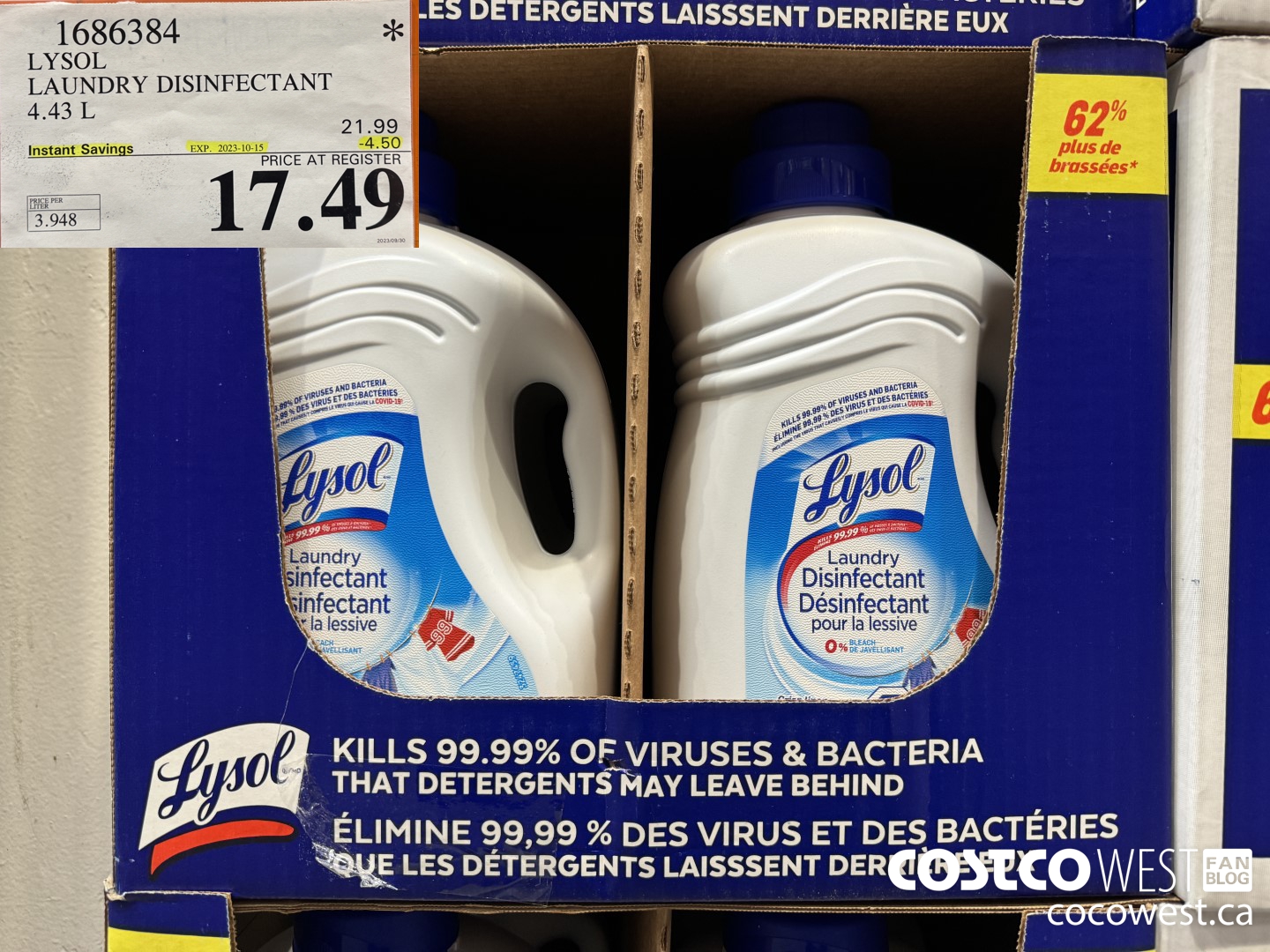 1686384 LYSOL LAUNDRY DISINFECTANT 4.43 L ($4.50 INSTANT SAVINGS EXPIRES ON 2023-10-15) $17.49