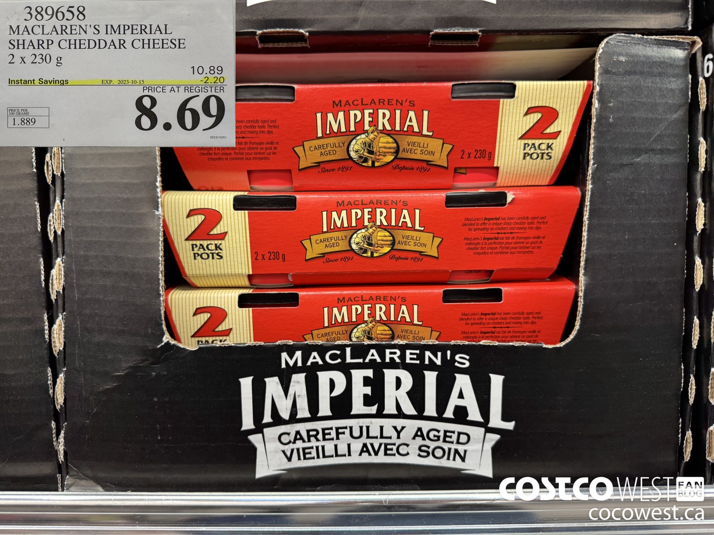 389658 MACLAREN’S IMPERIAL SHARP CHEDDAR CHEESE 2 x 230g ($2.20 INSTANT SAVINGS EXPIRES ON 2023-10-15) $8.69