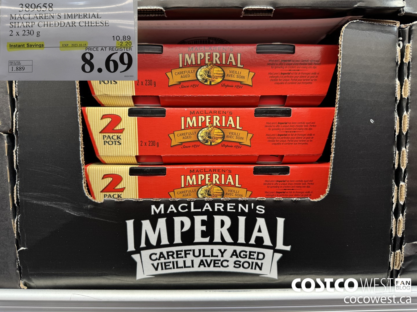 389658 MACLAREN’S IMPERIAL SHARP CHEDDAR CHEESE 2 x 230g ($2.20 INSTANT SAVINGS EXPIRES ON 2023-10-15) $8.69