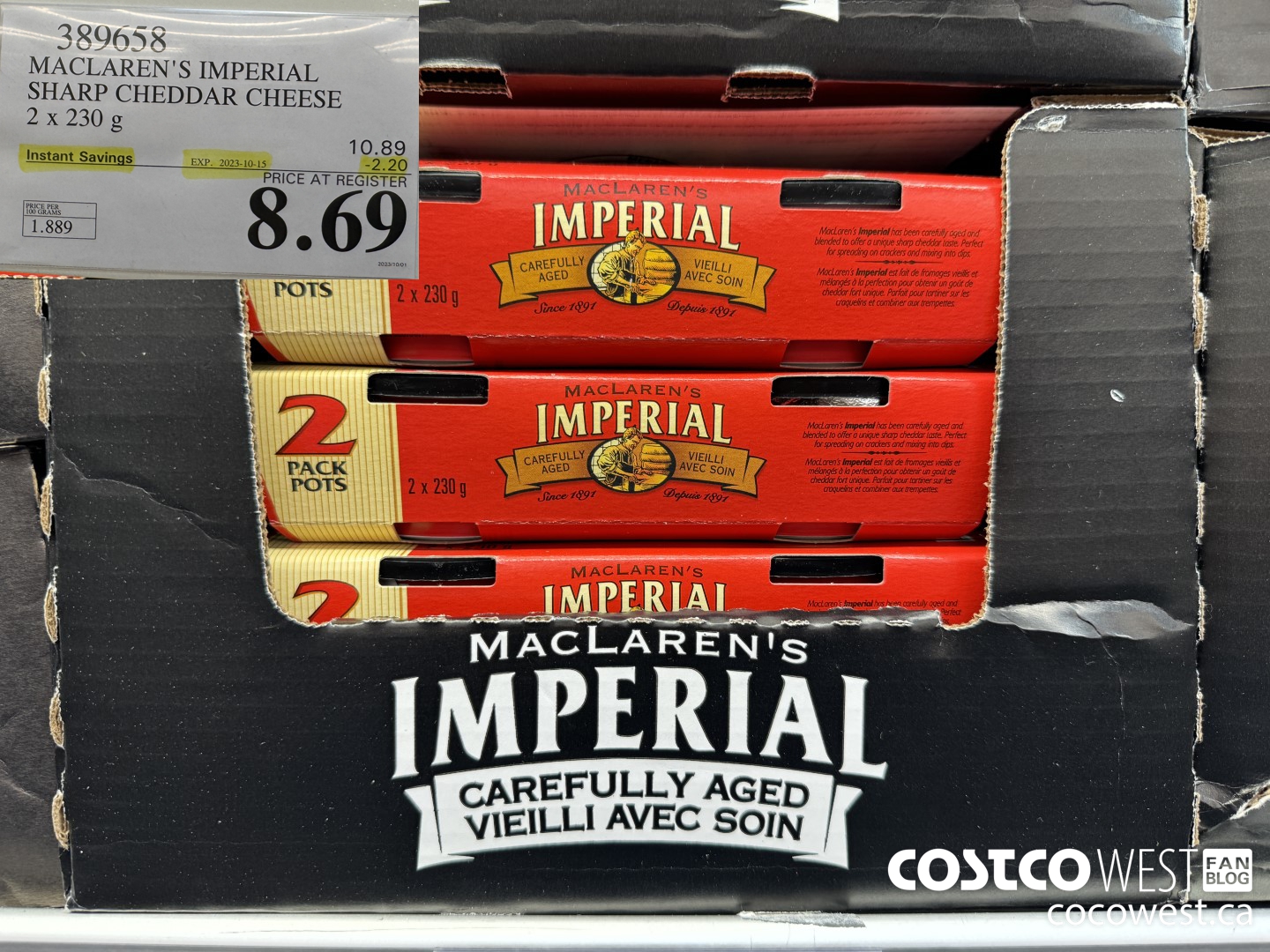 389658 MACLAREN’S IMPERIAL SHARP CHEDDAR CHEESE 2 x 230g ($2.20 INSTANT SAVINGS EXPIRES ON 2023-10-15) $8.69