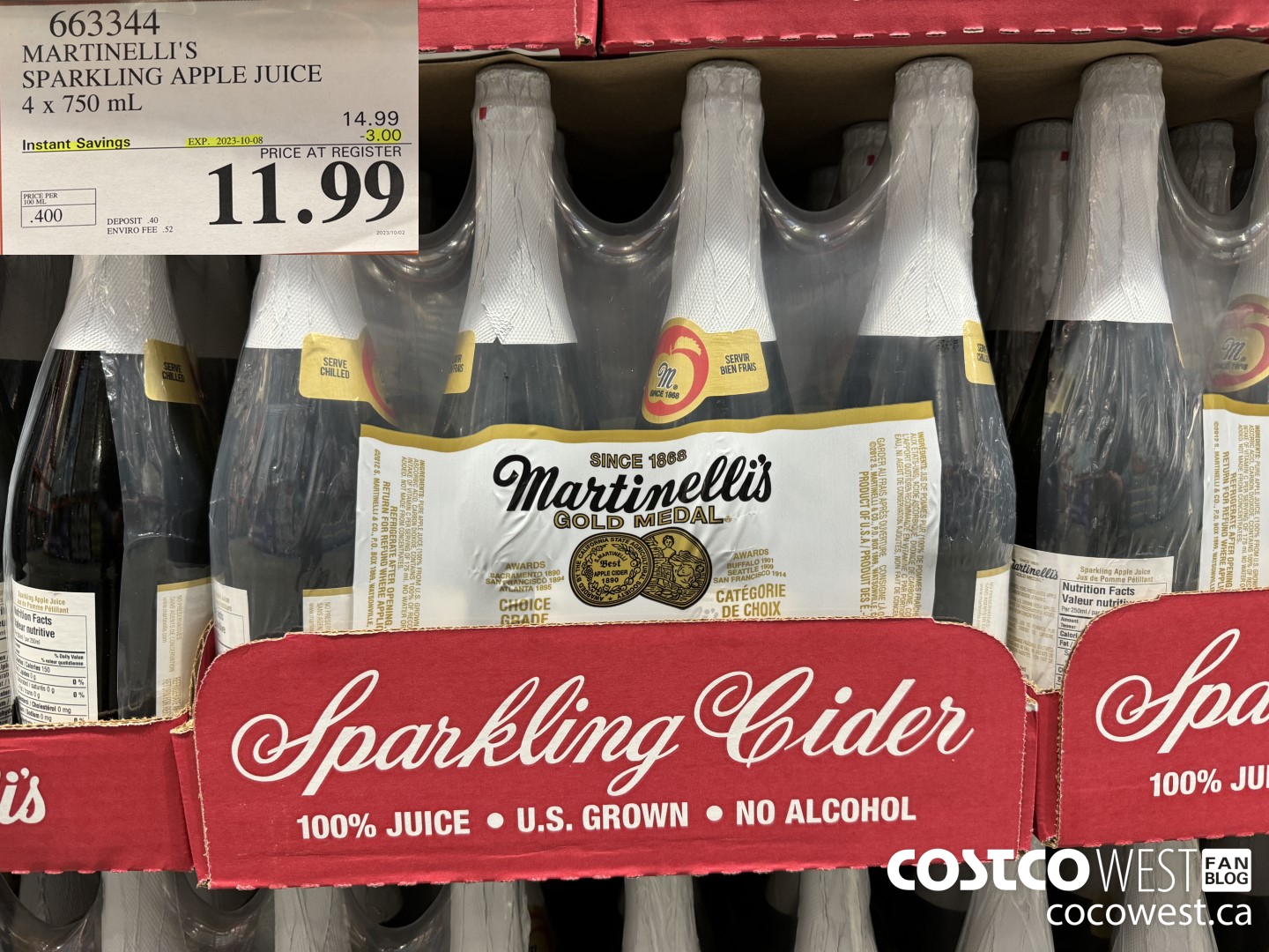 663344 MARTINELLI'S SPARKLING APPLE JUICE 4 X 750 ML ($3.00 INSTANT SAVINGS EXPIRES ON 2023-10-08) $11.99