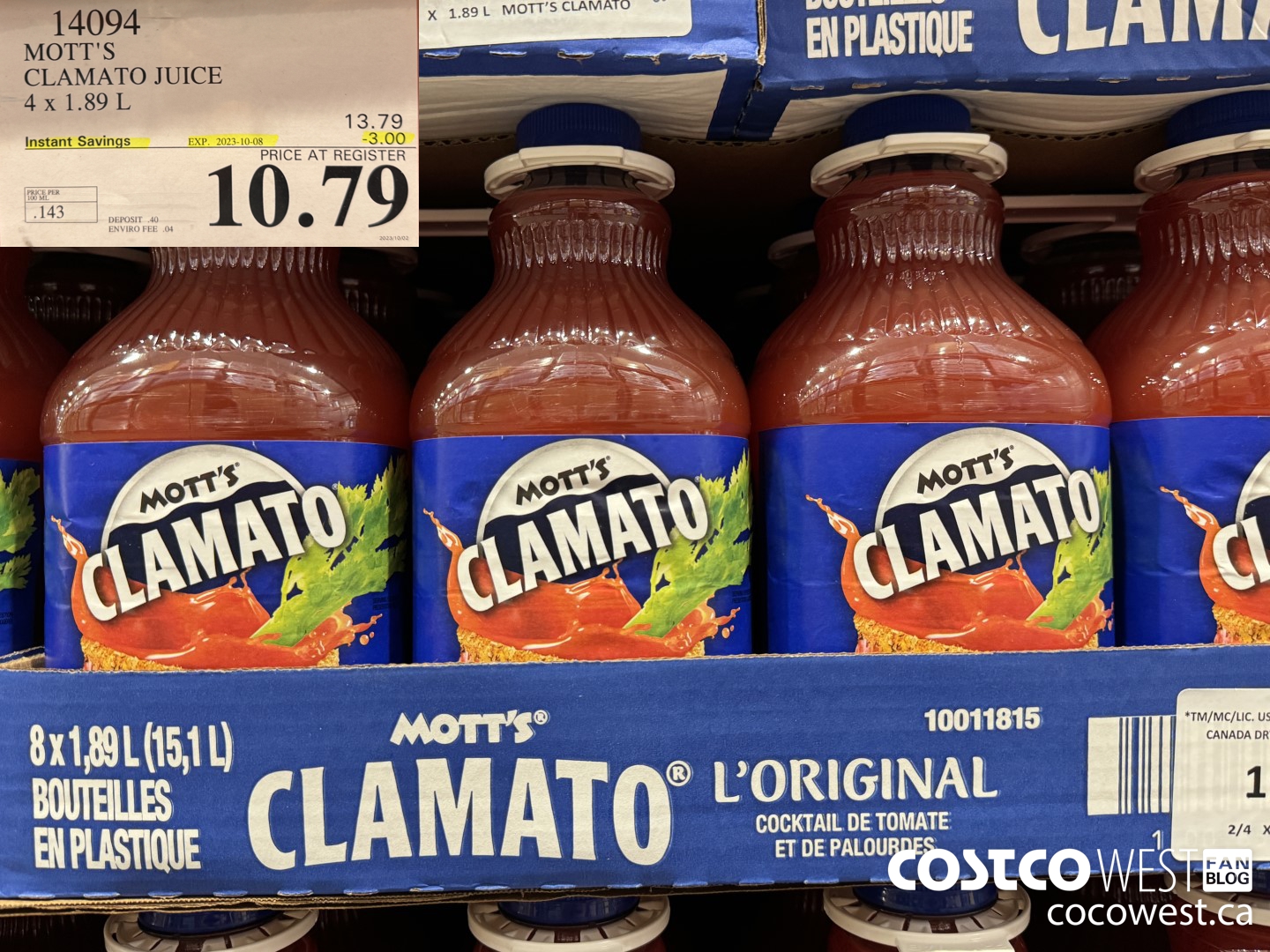 14094 MOTTS CLAMATO JUICE 4 X 1.89 L ($3.00 INSTANT SAVINGS EXPIRES ON 2023-10-08) $10.79