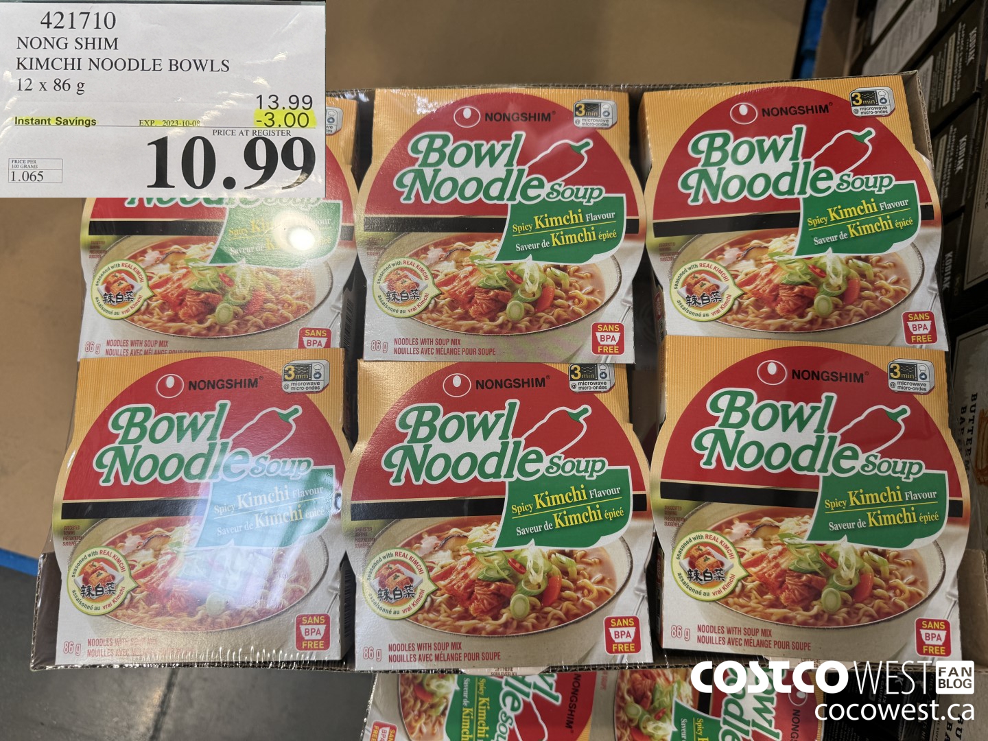 421710 NONG SHIM KIMCHI NOODLE BOWLS 12 x 86g ($3.00 INSTANT SAVINGS EXPIRES ON 2023-10-08) $10.99