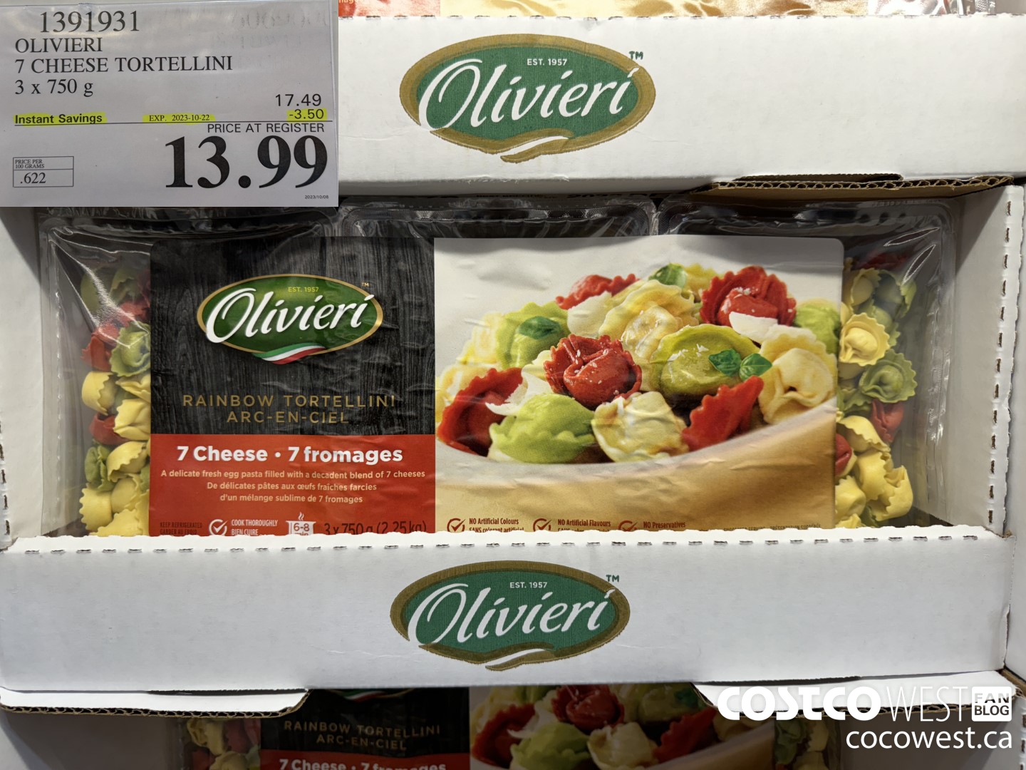 1391931 OLIVIERI 7 CHEESE TORTELLINI 3 x 750 g ($3.50 INSTANT SAVINGS EXPIRES ON 2023-10-22) $13.99
