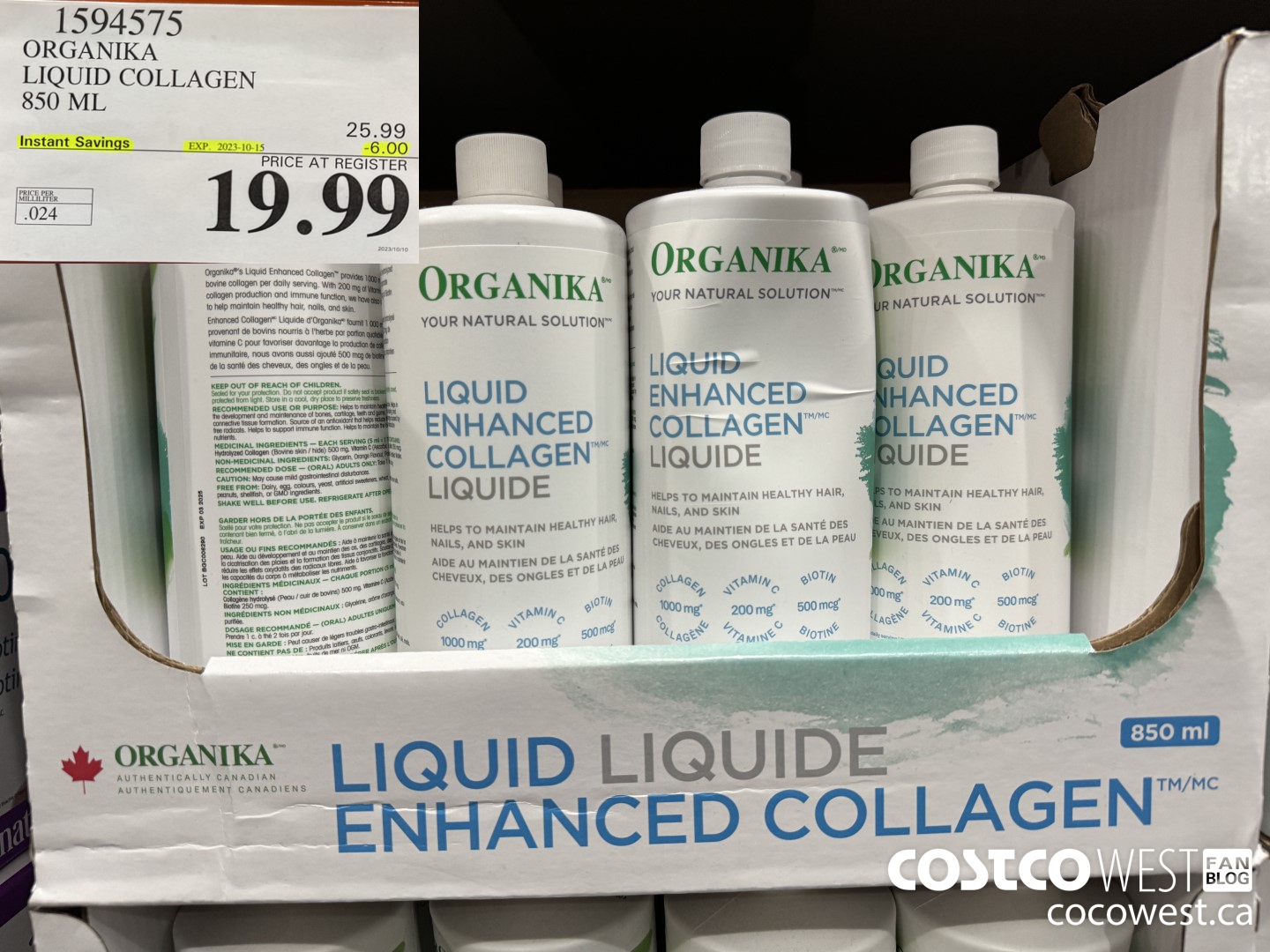 1594575 ORGANIKA LIQUID COLLAGEN 850 ML ($6.00 INSTANT SAVINGS EXPIRES ON 2023-10-15) $19.99