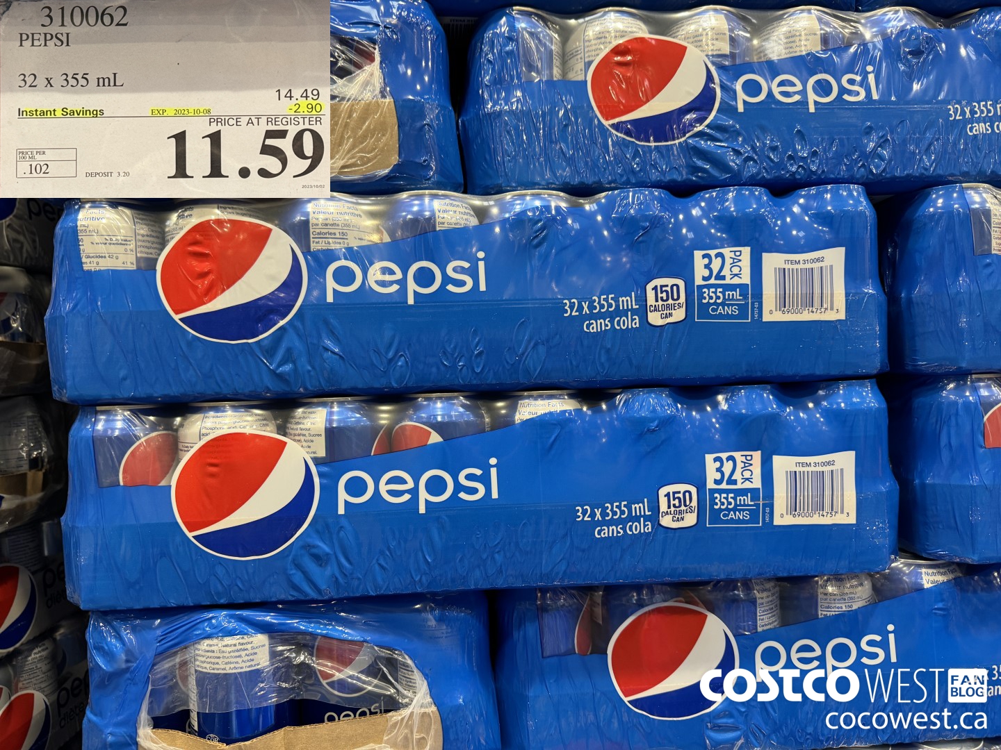 310062 PEPSI 32 X 355 ML ($2.90 INSTANT SAVINGS EXPIRES ON 2023-10-08) $11.59
