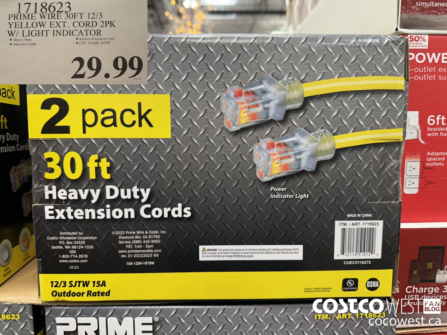 1718623 PRIME WIRE 30FT 12/3 YELLOW EXT. CORD 2PK W/ LIGHT INDICATOR $29.99