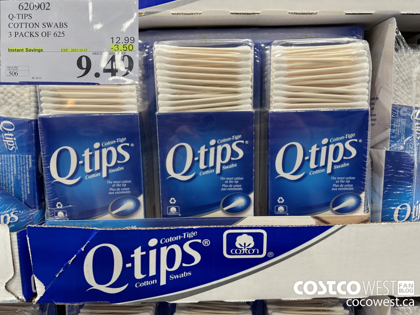 620902 Q-TIPS COTTON SWABS 3 PACKS OF 625 ($3.50 INSTANT SAVINGS EXPIRES ON 2023-10-15) $9.49