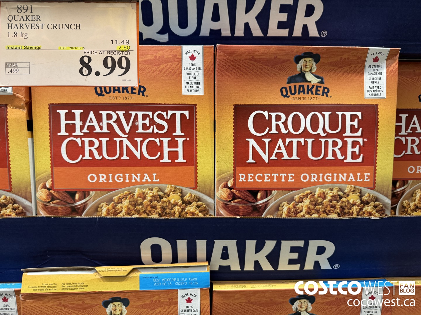 891 QUAKER HARVEST CRUNCH 1.8 KG ($2.50 INSTANT SAVINGS EXPIRES ON 2023-10-15) $8.99