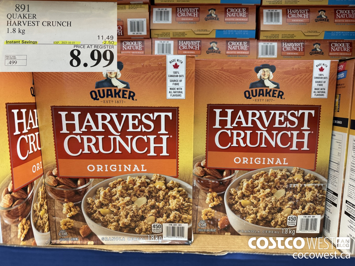 891 QUAKER HARVEST CRUNCH 1.8 KG ($2.50 INSTANT SAVINGS EXPIRES ON 2023-10-15) $8.99