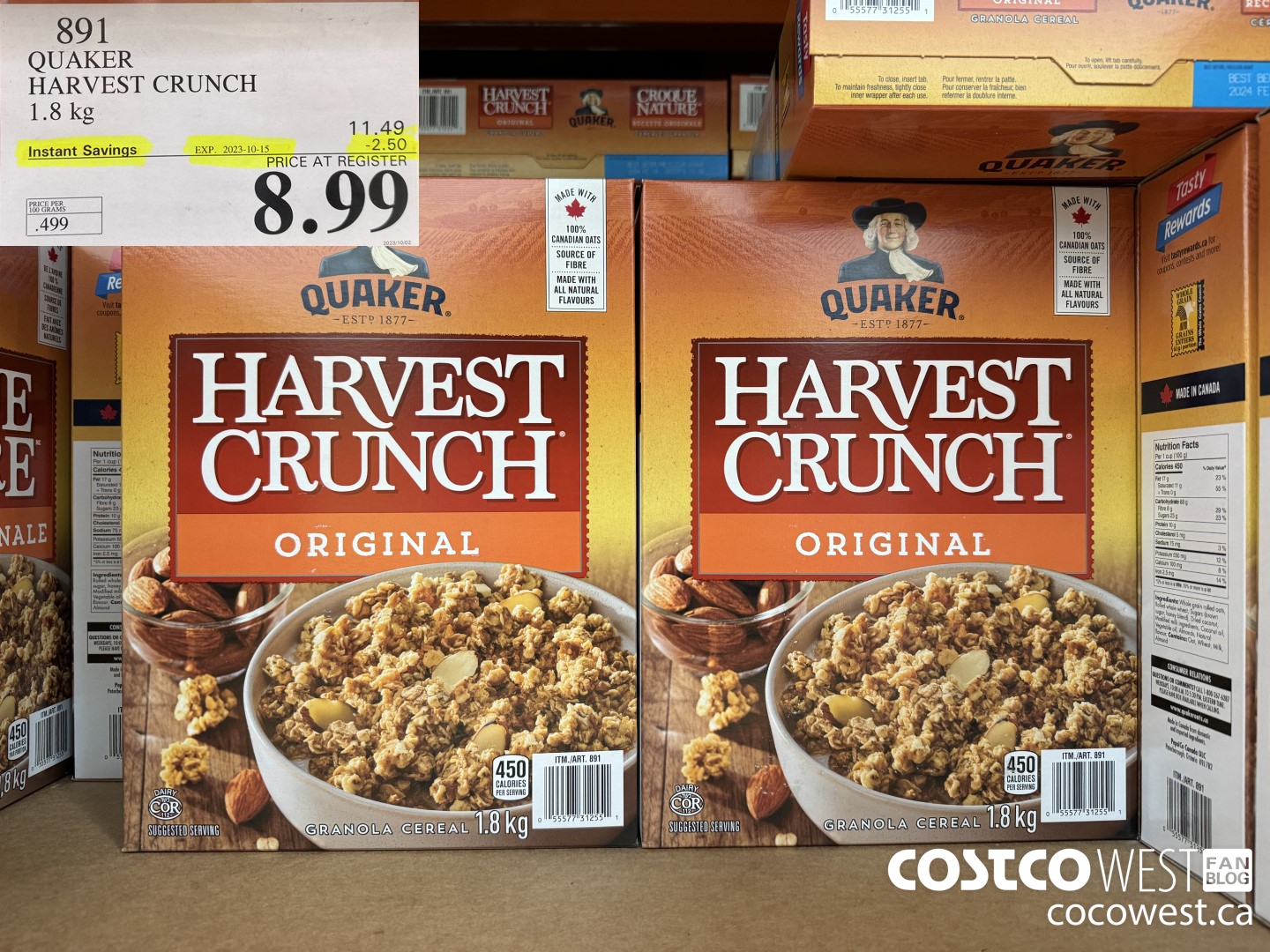 891 QUAKER HARVEST CRUNCH 1.8 KG ($2.50 INSTANT SAVINGS EXPIRES ON 2023-10-15) $8.99