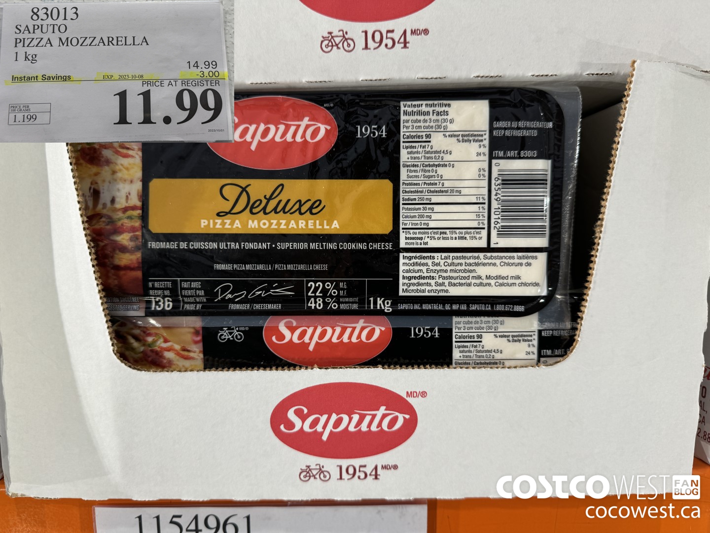 83013 SAPUTO PIZZA MOZZARELLA 1 kg ($3.00 INSTANT SAVINGS EXPIRES ON 2023-10-08) $11.99