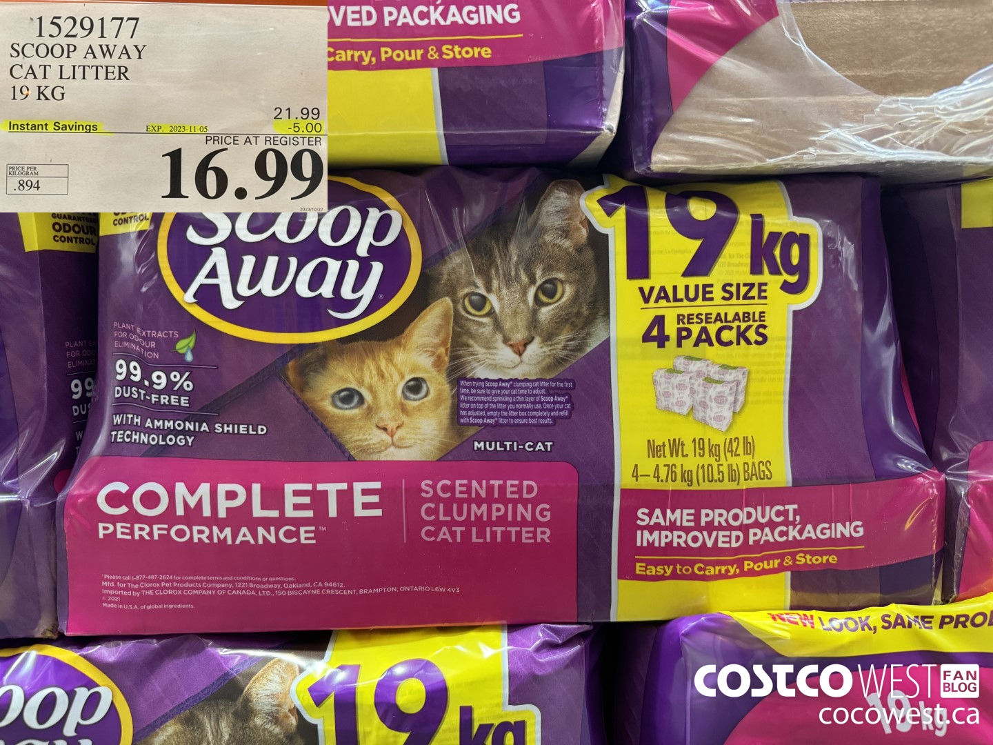 1529177 SCOOP AWAY CAT LITTER 19 KG ($5.00 INSTANT SAVINGS EXPIRES ON 2023-11-05) $16.99