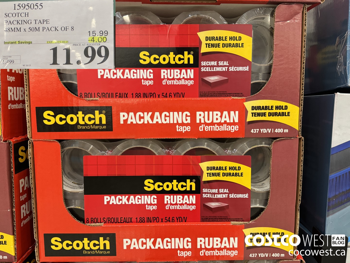 1595055 SCOTCH PACKING TAPE 48MM X 50M PACK OF 8 ($4.00 INSTANT SAVINGS EXPIRES ON 2023-10-15) $11.99
