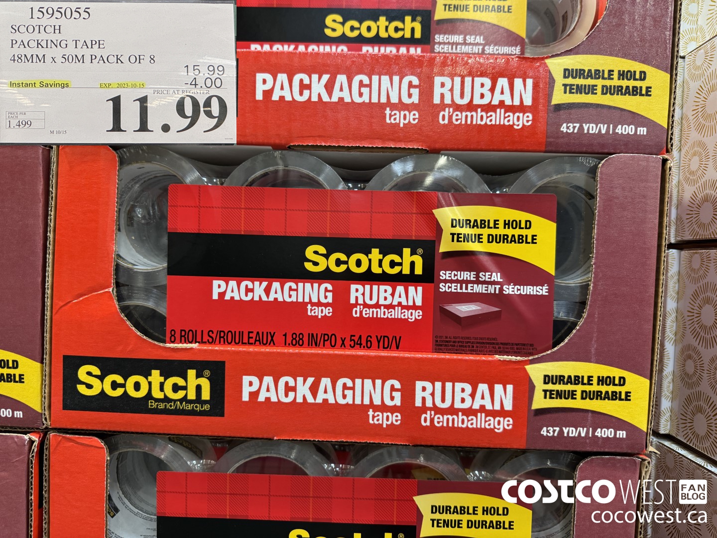 1595055 SCOTCH PACKING TAPE 48MM X 50M PACK OF 8 ($4.00 INSTANT SAVINGS EXPIRES ON 2023-10-15) $11.99