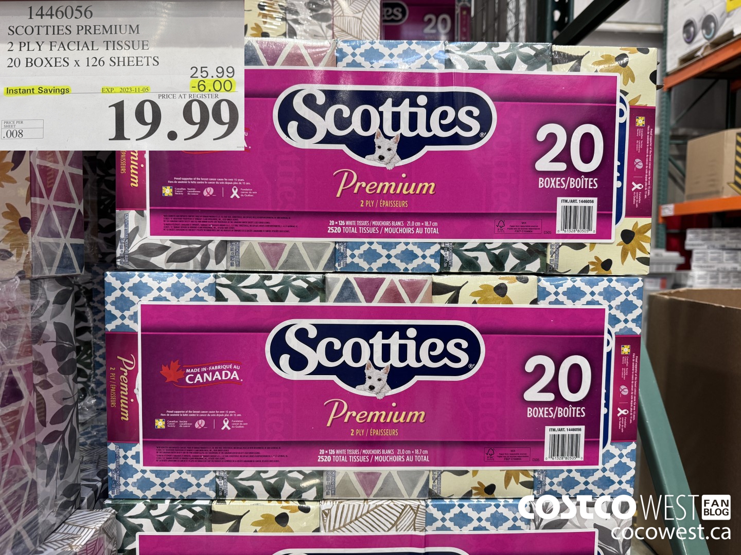 1446056 SCOTTIES PREMIUM 2 PLY FACIAL TISSUE 20 BOXES x 126 SHEETS ($6.00 INSTANT SAVINGS EXPIRES ON 2023-11-05) $19.99