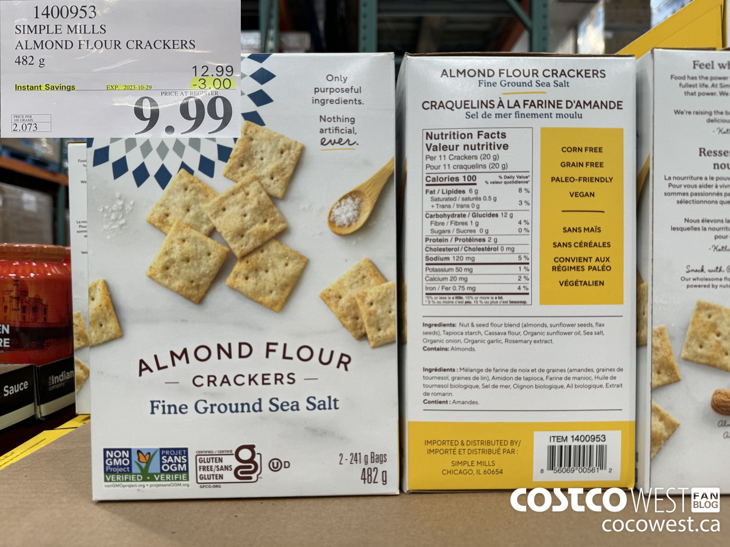 1400953 SIMPLE MILLS ALMOND FLOUR CRACKERS 482 g ($3.00 INSTANT SAVINGS EXPIRES ON 2023-10-29) $9.99