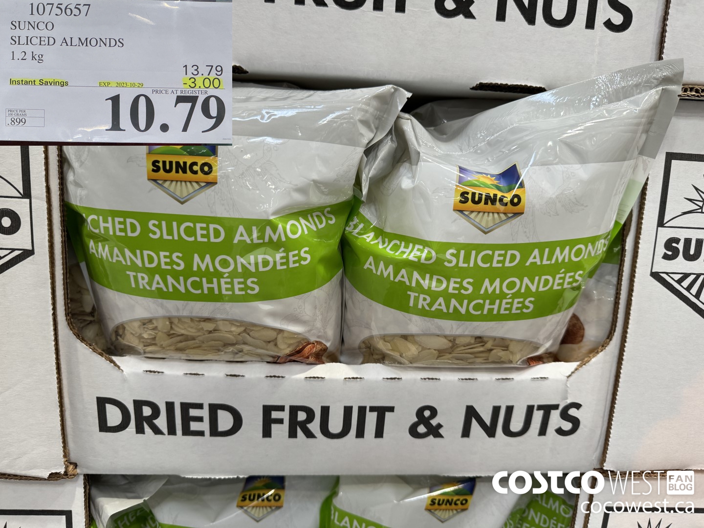 1075657 SUNCO SLICED ALMONDS 1.2 kg  ($3.00 INSTANT SAVINGS EXPIRES ON 2022-10-29) $10.79