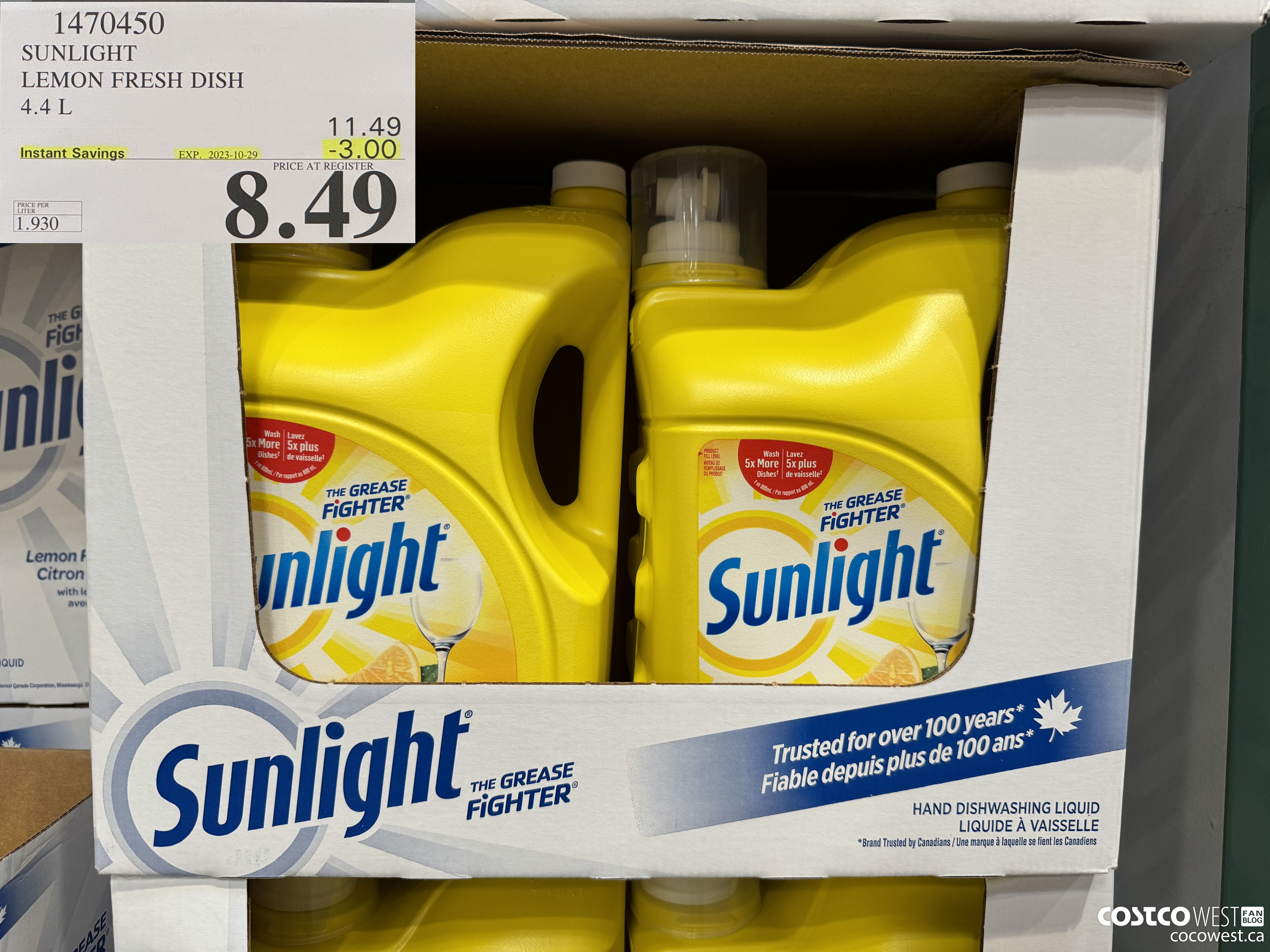 1470450 SUNLIGHT LEMON FRESH DISH 4.4L ($3.00 INSTANT SAVINGS EXPIRES ON 2023-10-29) $8.49