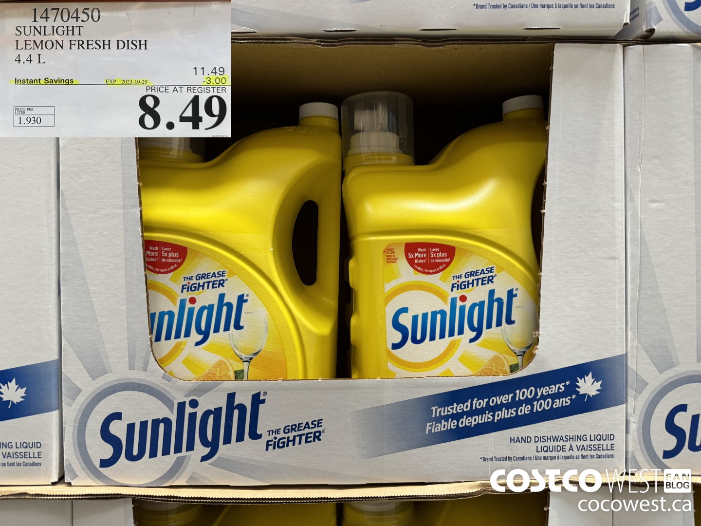 1470450 SUNLIGHT LEMON FRESH DISH 4.4L ($3.00 INSTANT SAVINGS EXPIRES ON 2023-10-29) $8.49