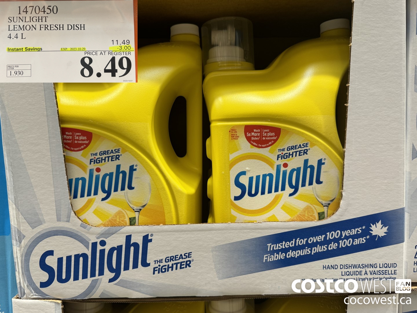 1470450 SUNLIGHT LEMON FRESH DISH 4.4L ($3.00 INSTANT SAVINGS EXPIRES ON 2023-10-29) $8.49