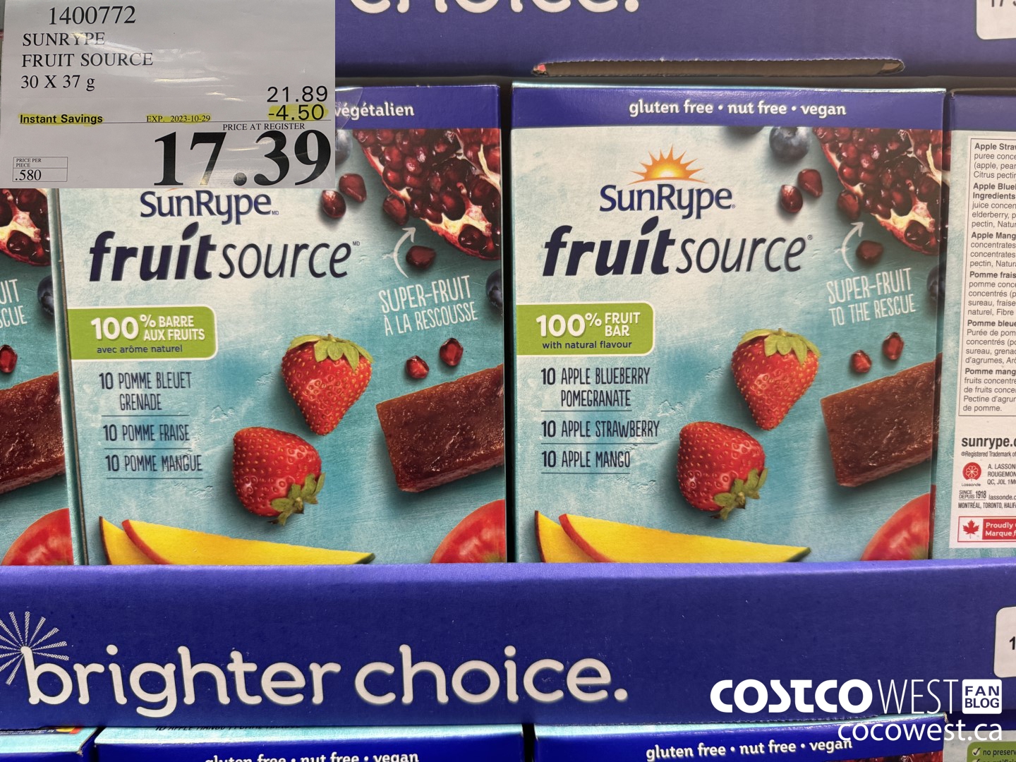 1400772 SUNRYPE FRUIT SOURCE 30 X 37 G ($4.50 INSTANT SAVINGS EXPIRES ON 2023-10-29) $17.39