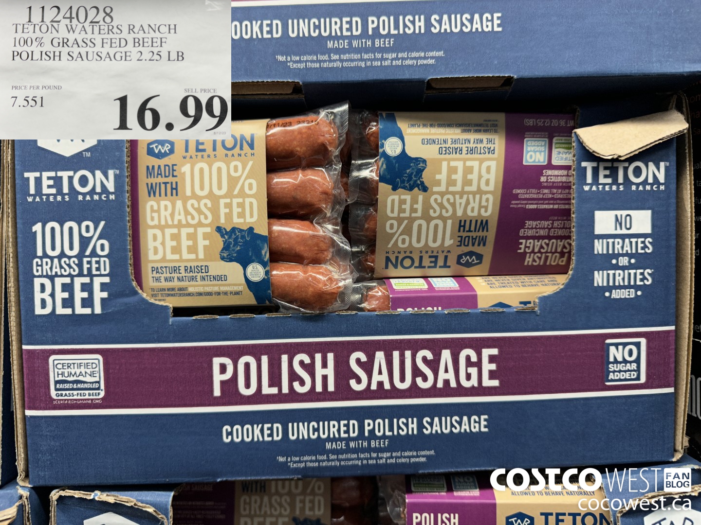 1124028 TETON WATERS RANCH 100% GRASS FED BEEF POLISH SAUSAGE 2.25 LB $16.99