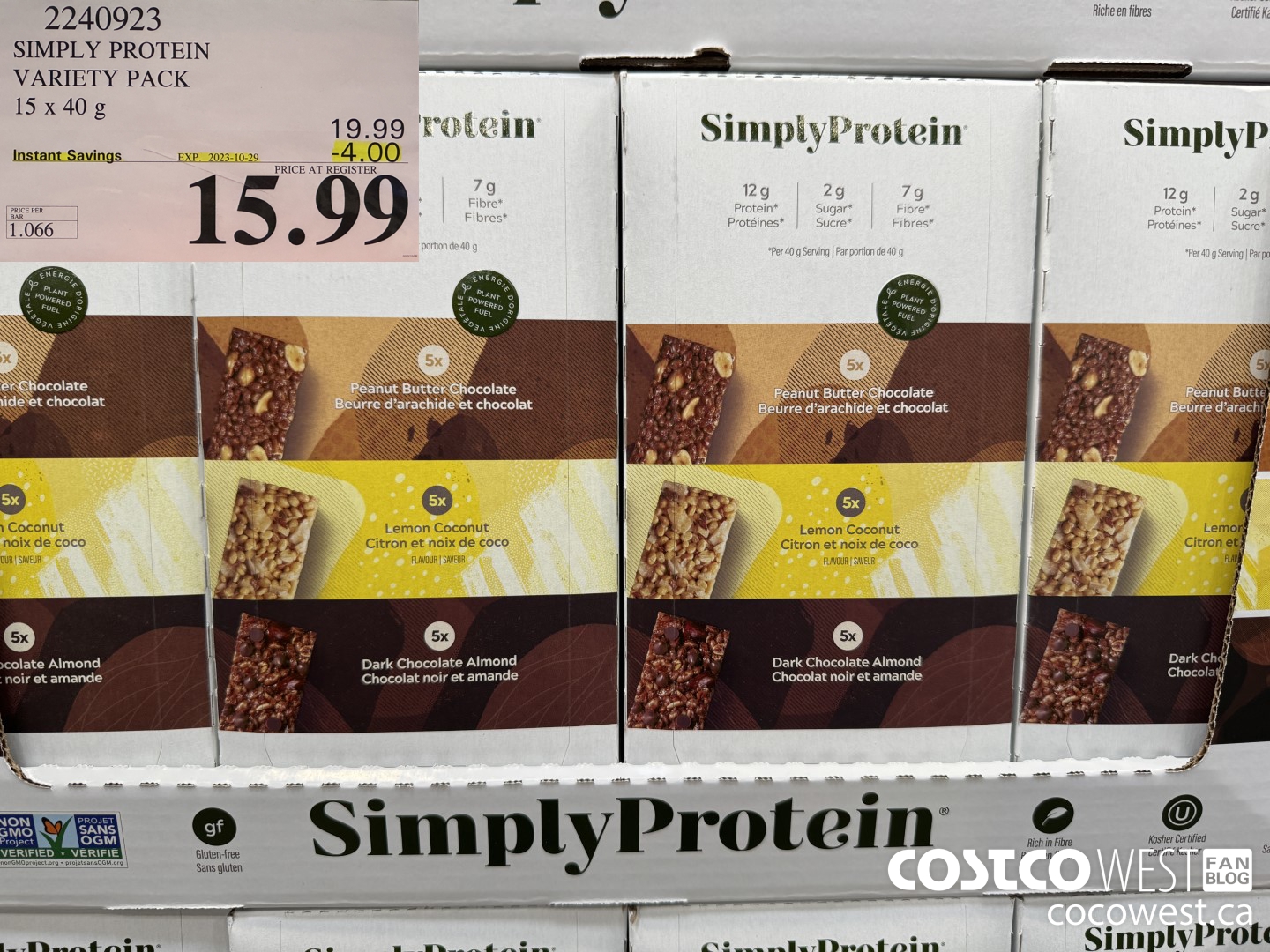2240923 THE SIMPLY BAR PROTEIN BARS 15 x 40 g ($4.00 INSTANT SAVINGS EXPIRES ON 2023-10-29) $15.99
