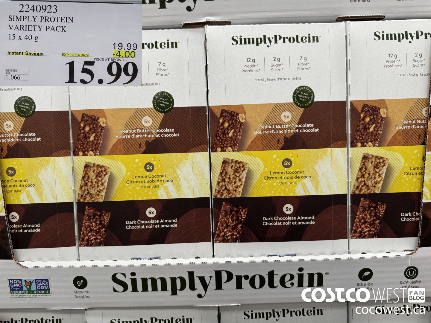 2240923 THE SIMPLY BAR PROTEIN BARS 15 x 40 g ($4.00 INSTANT SAVINGS EXPIRES ON 2023-10-29) $15.99