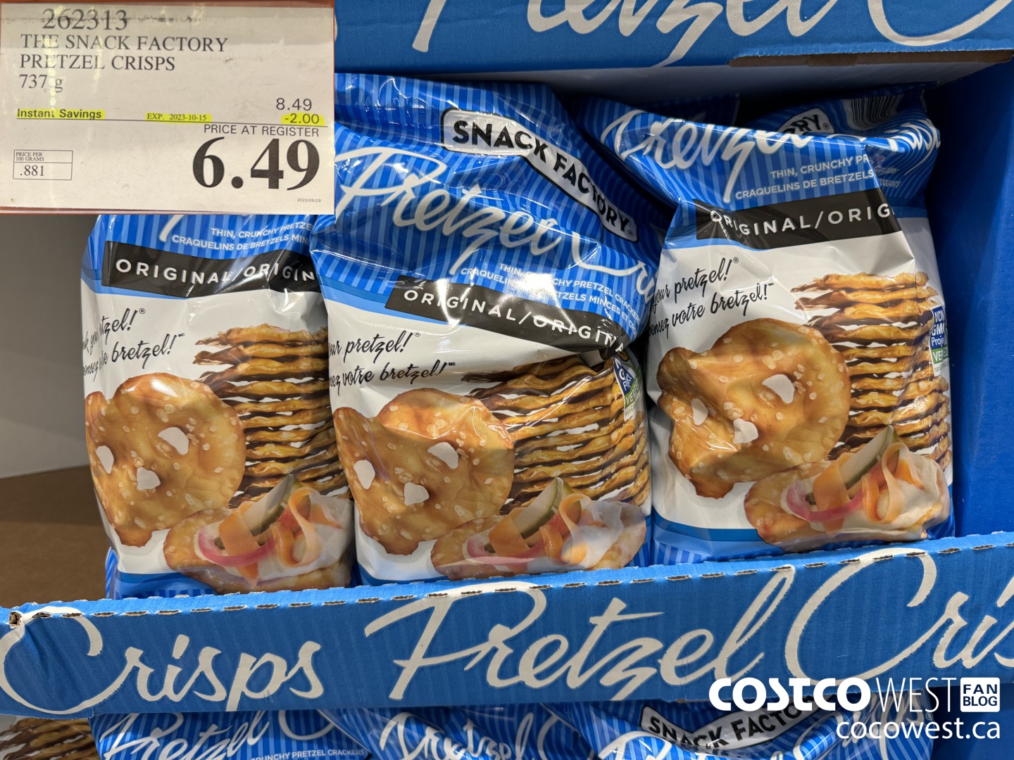 262313 THE SNACK FACTORY PRETZEL CRISPS 737 g ($2.00 INSTANT SAVINGS EXPIRES ON 2023-10-15) $6.49