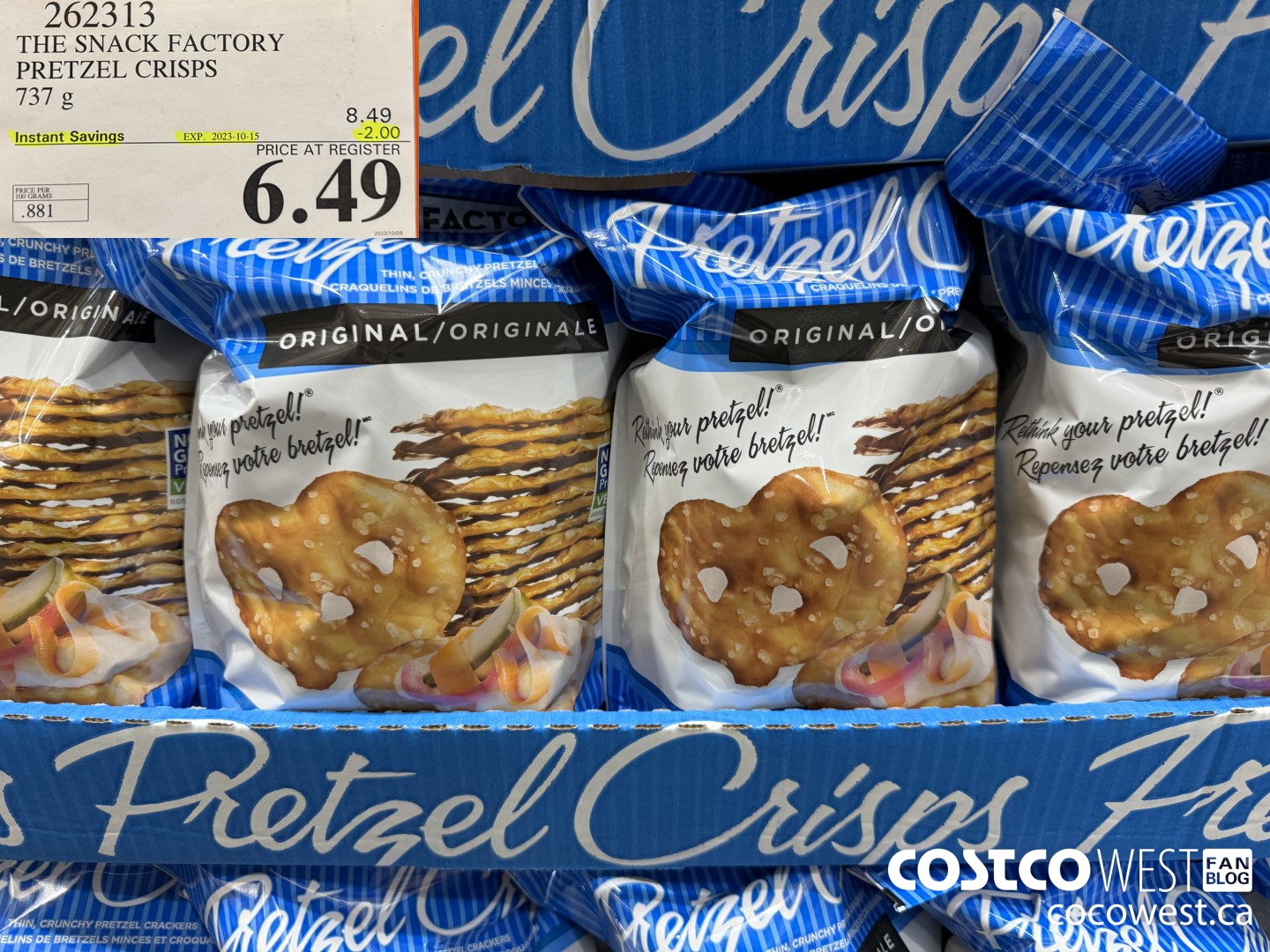 262313 THE SNACK FACTORY PRETZEL CRISPS 737 g ($2.00 INSTANT SAVINGS EXPIRES ON 2023-10-15) $6.49