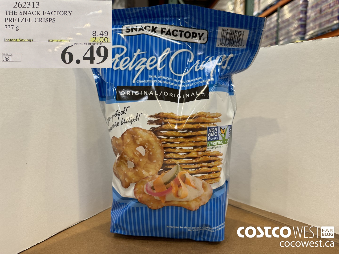262313 THE SNACK FACTORY PRETZEL CRISPS 737 g ($2.00 INSTANT SAVINGS EXPIRES ON 2023-10-15) $6.49