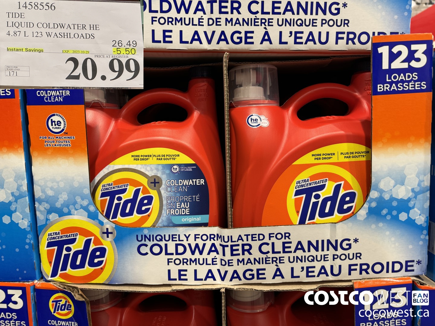 1458556 TIDE LIQUID COLDWATER HE 4.78 L 123 WASHLOADS  ($5.50 INSTANT SAVINGS EXPIRES ON 2023-10-29) $20.99