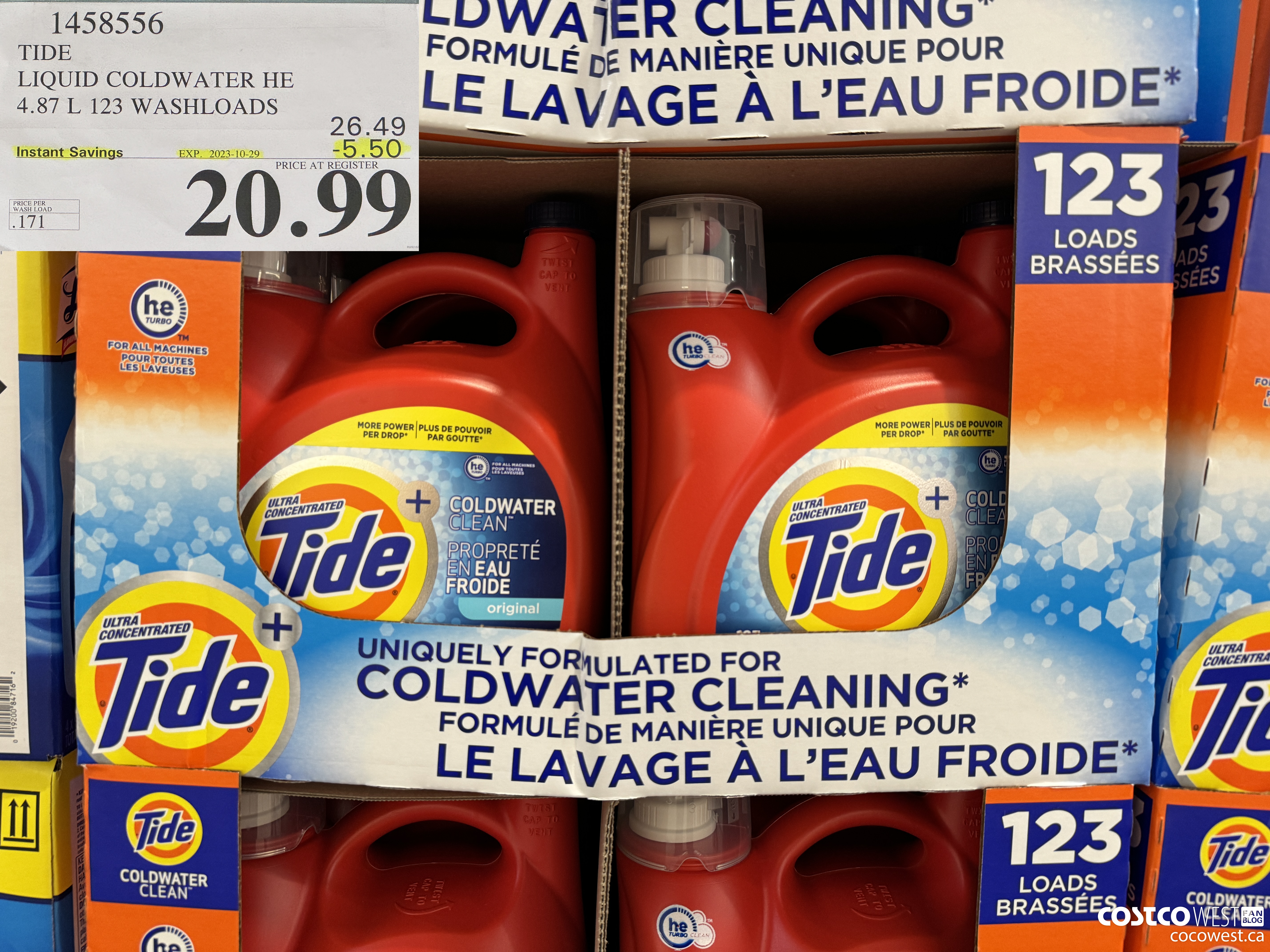 1458556 TIDE LIQUID COLDWATER HE 4.78 L 123 WASHLOADS  ($5.50 INSTANT SAVINGS EXPIRES ON 2023-10-29) $20.99