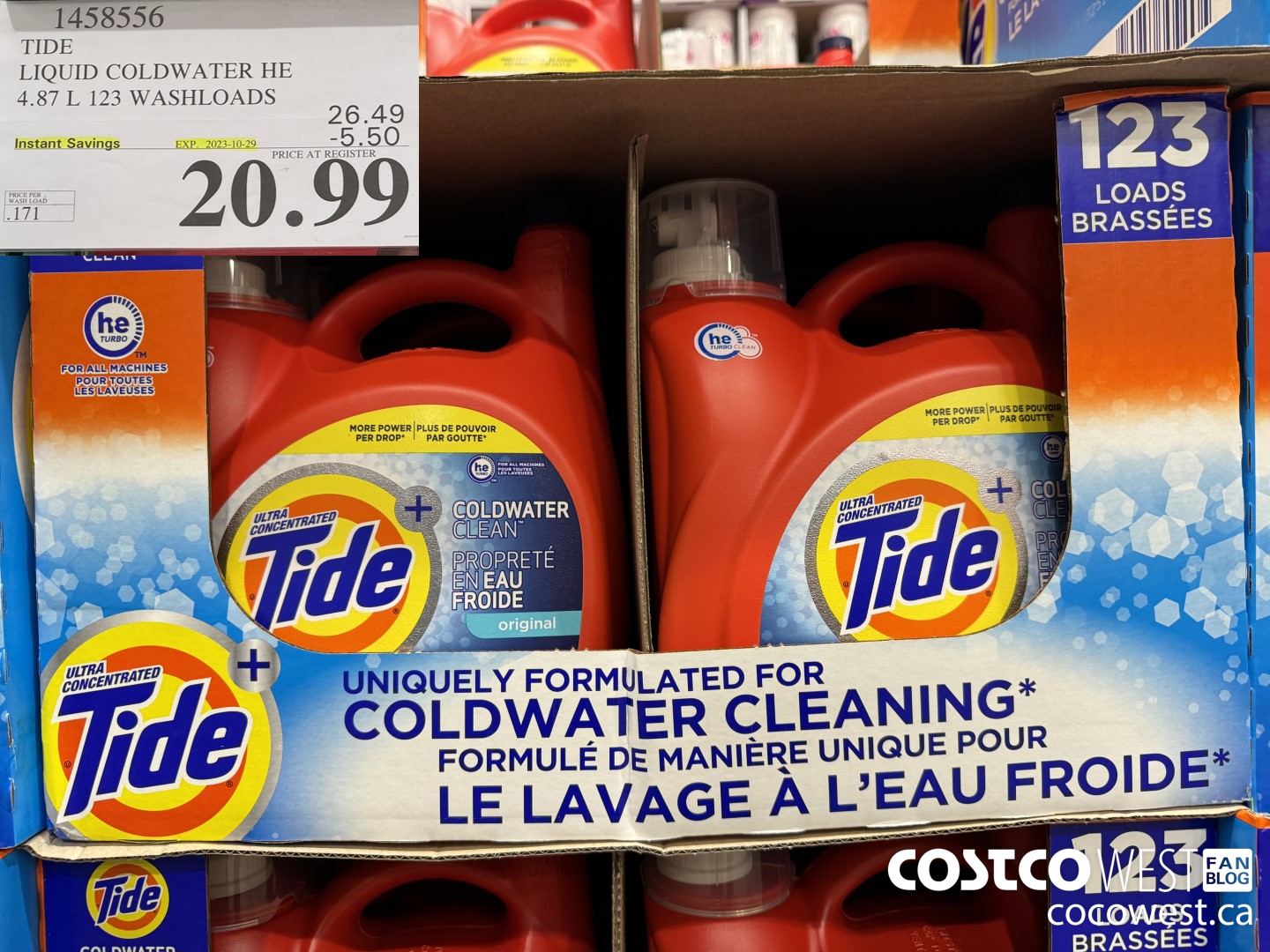 1458556 TIDE LIQUID COLDWATER HE 4.78 L 123 WASHLOADS  ($5.50 INSTANT SAVINGS EXPIRES ON 2023-10-29) $20.99